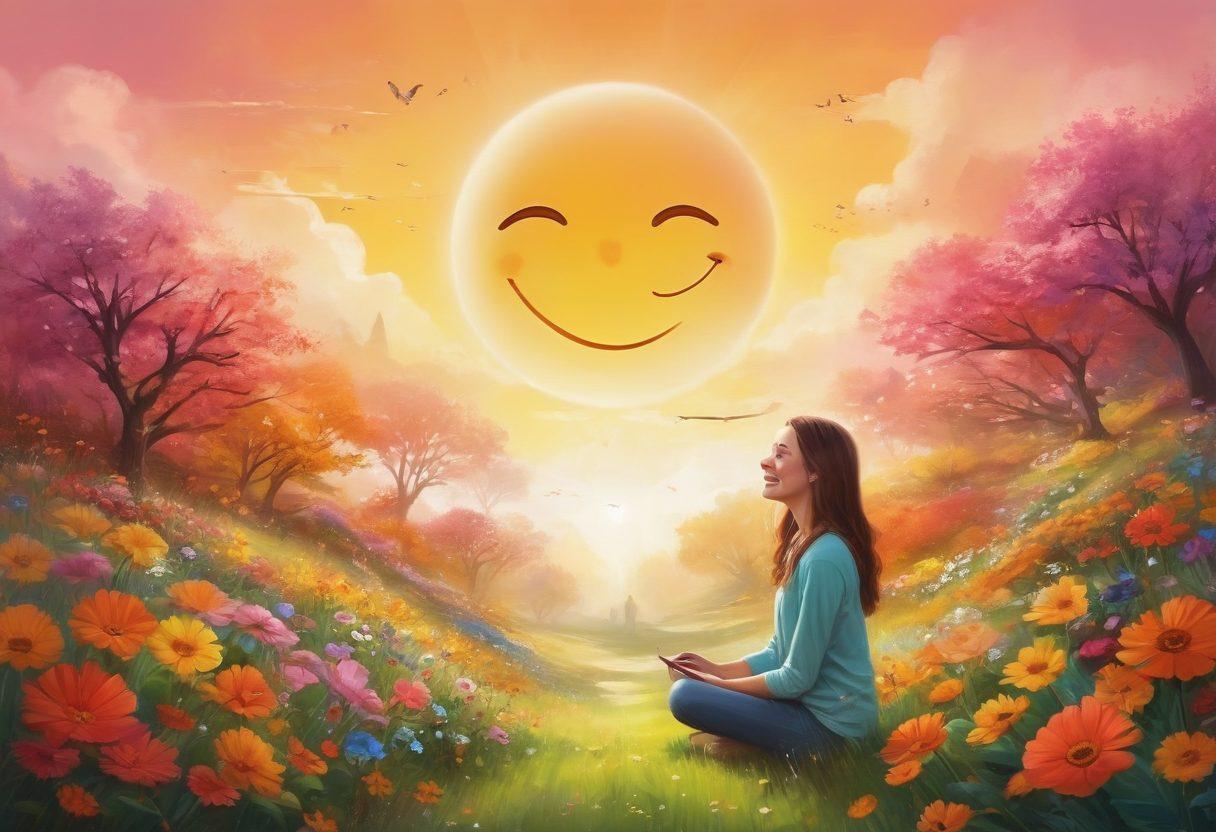 An artistic representation of happiness statistics transforming into vibrant scenes of joyful living, with colorful charts morphing into everyday joyful moments like families laughing, people meditating, and nature scenes. Include elements like smiley faces, uplifting quotes, and mood tracking journals surrounding the imagery. The overall atmosphere should radiate positivity and warmth. vibrant colors. digital painting.